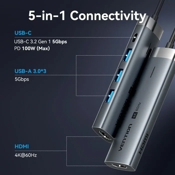 Vention Docking USB Tipo-C TGMHB con 3xUSB, 1xHDMI 4K y 1xUSB Tipo-C PD, Gris
